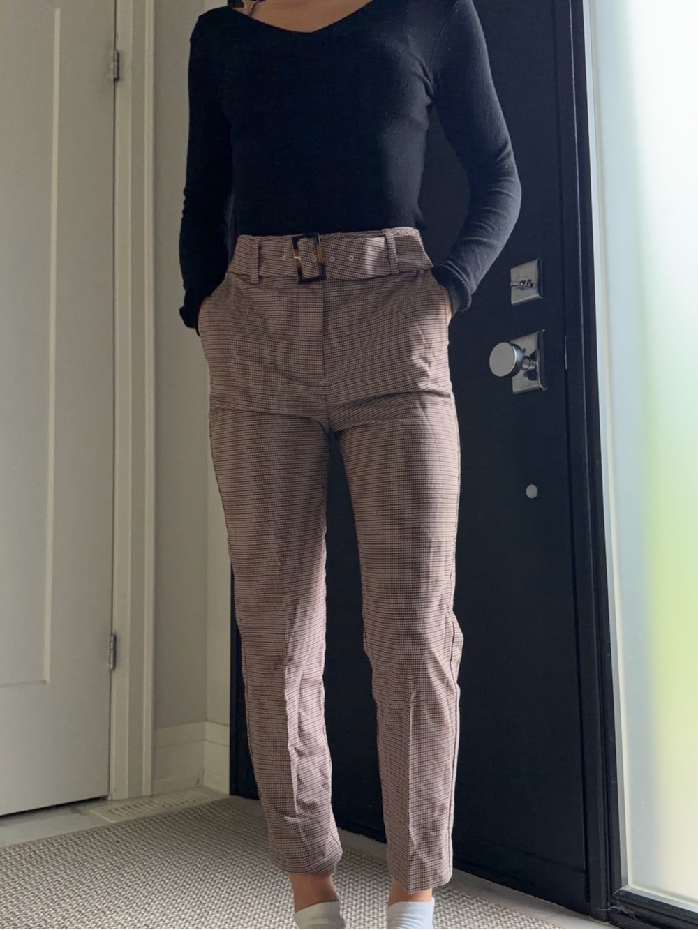 Babaton Checked High-Rise Belted Trousers in Brown